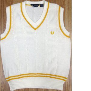 VTG FRED PERRY CABLE KNIT TENNIS SWEATER VEST 100% ACRYLIC WHITE &GOLD MEDIUM